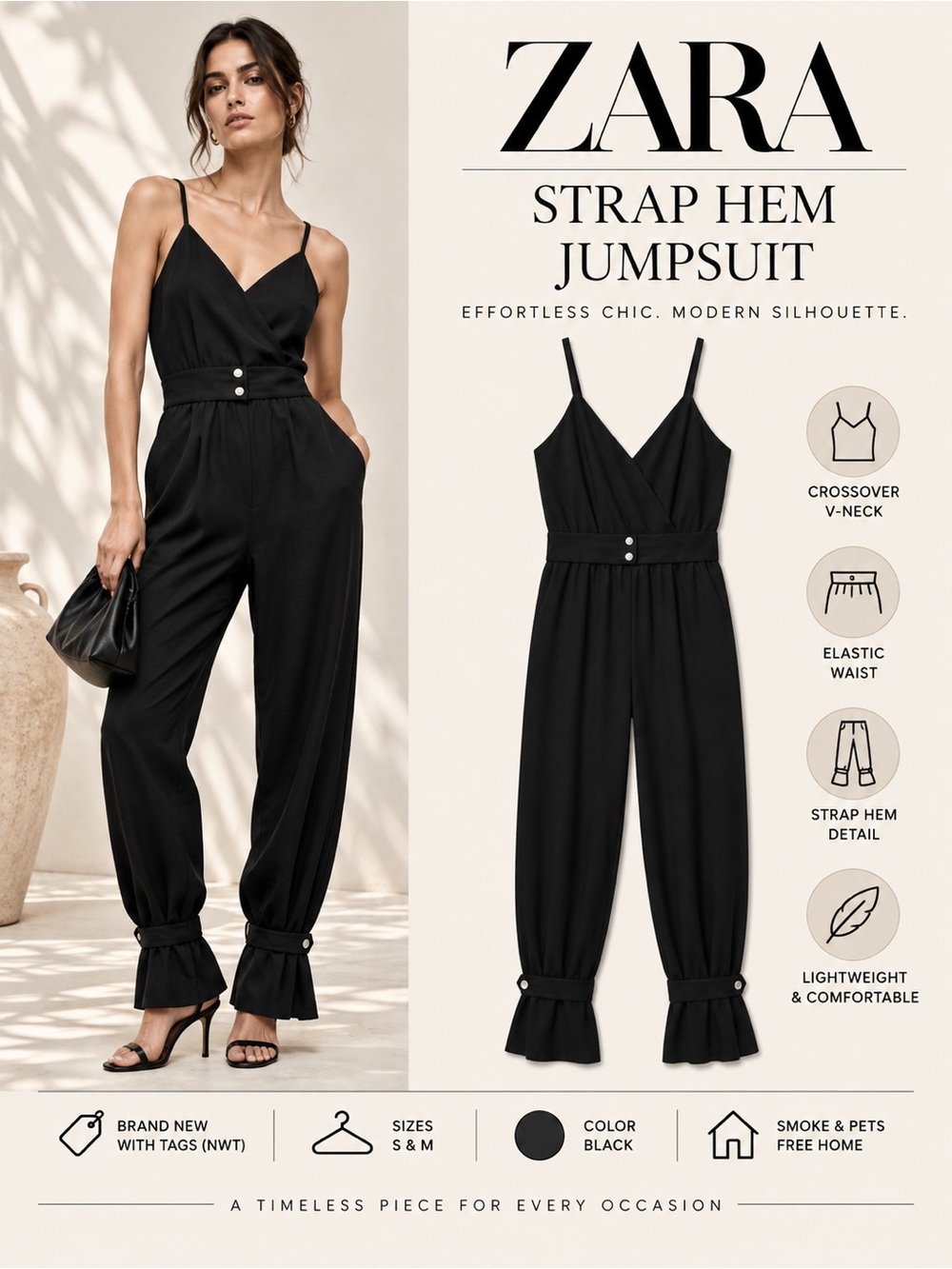 ZARA Black Strap Hem Jumpsuit NWT Sizes S M Crossover V Neck Strappy One Piece